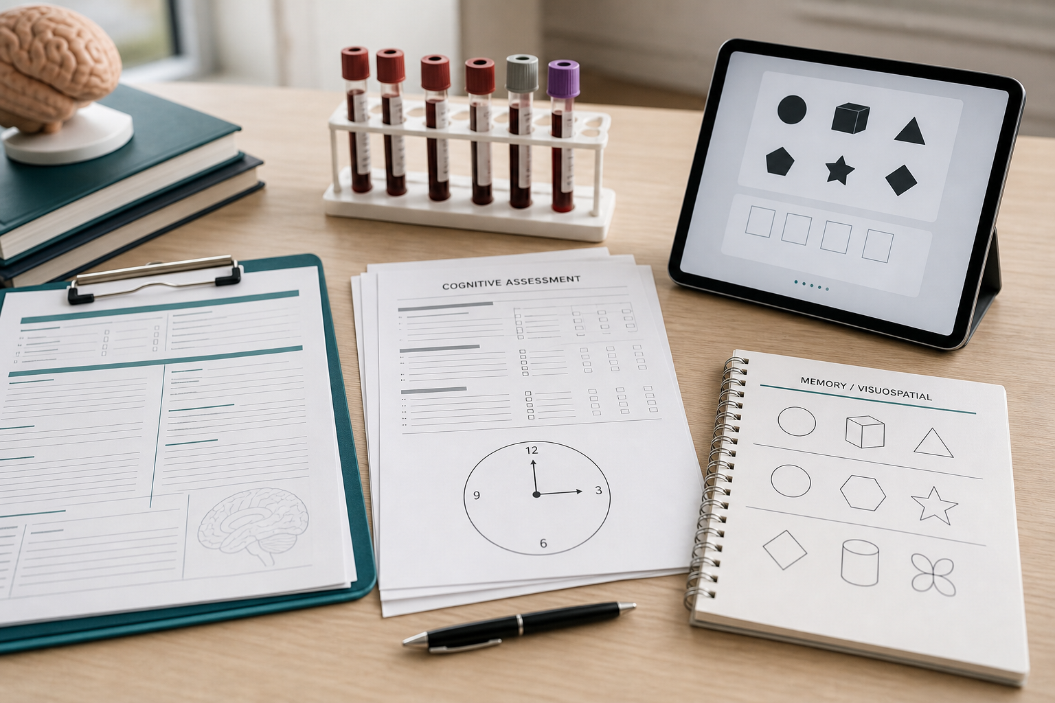 Clinical desk with cognitive testing forms, blood tubes, and tablet-based pattern task