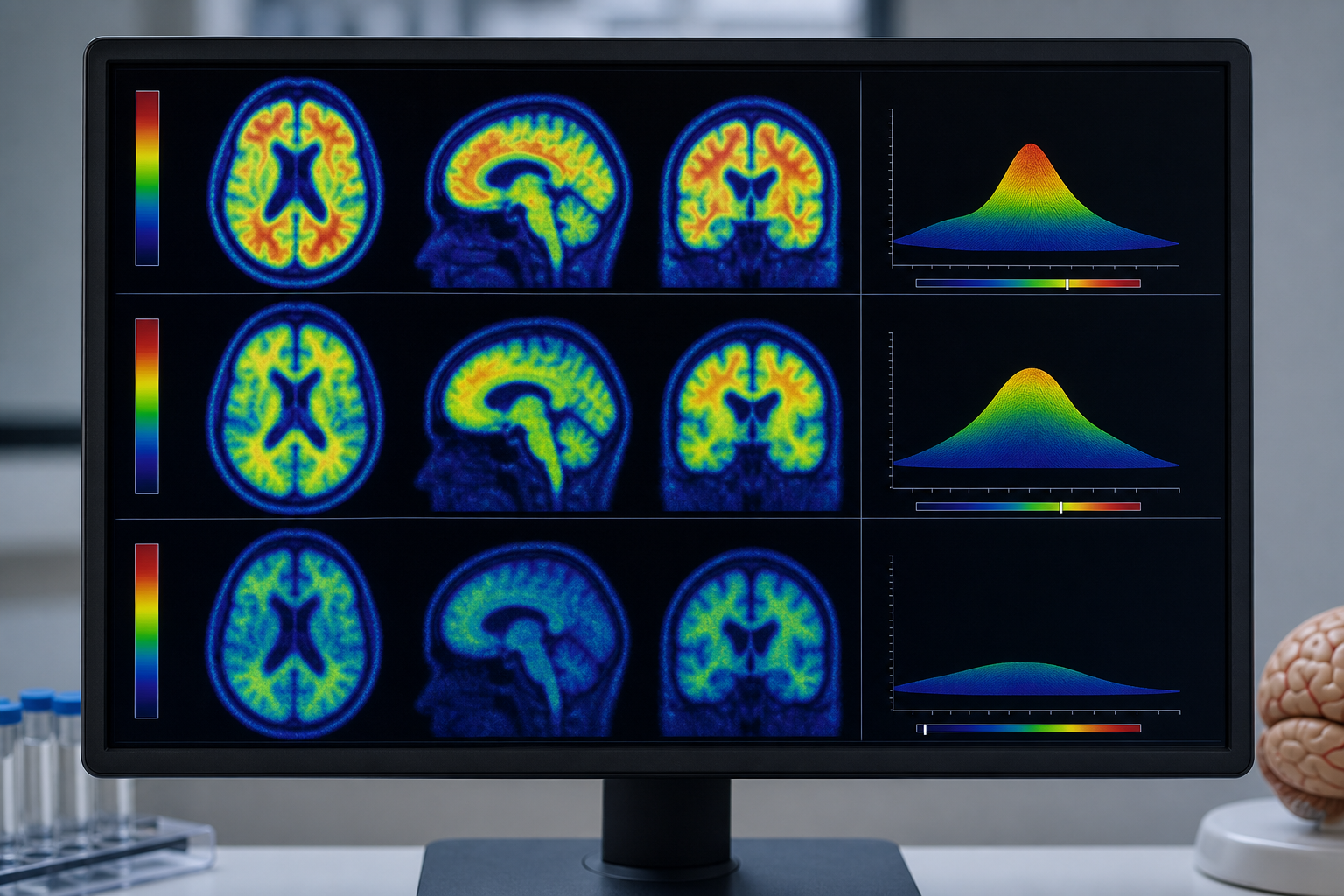 Monitor showing PET-style brain scan panels and abstract biomarker graphs